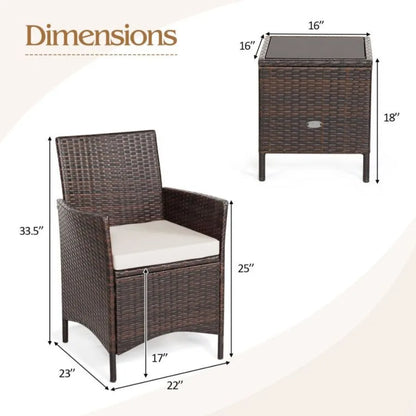 3 Pieces Patio Cushioned Rattan Converstaion Set With Glass Table Top