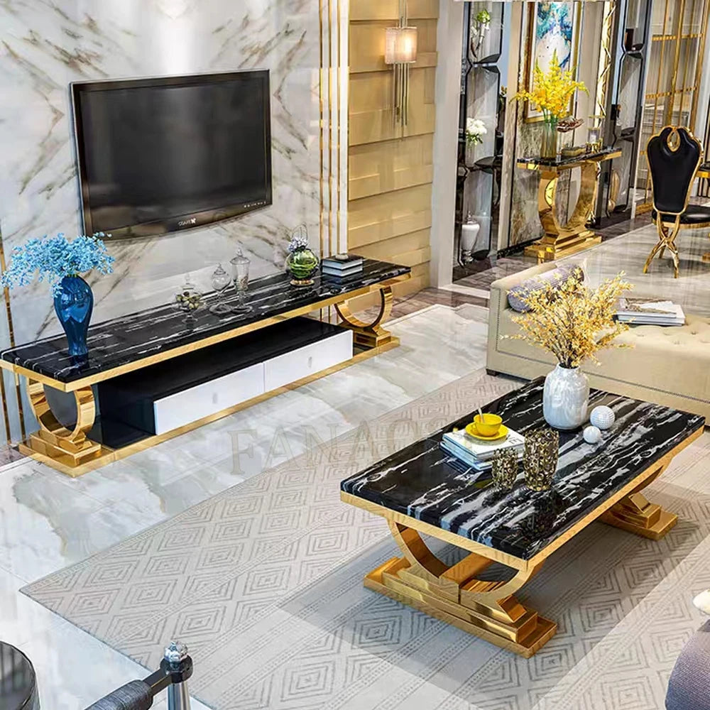 Light luxury marble coffee table stainless steel living room household gold square tea table