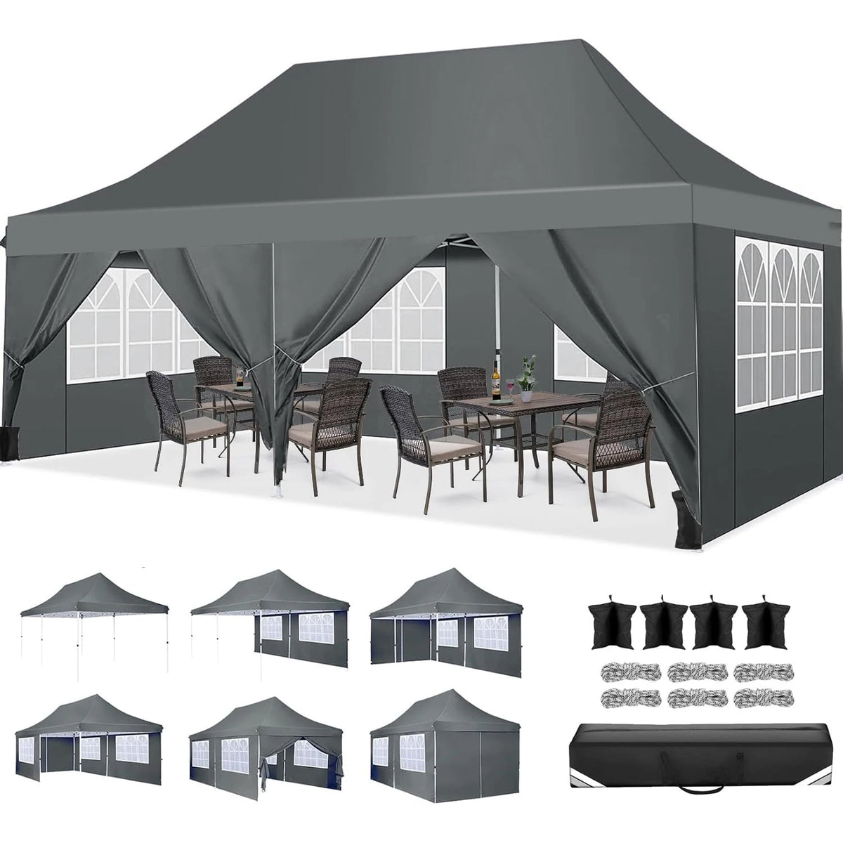 10x20 Pop up Canopy Heavy Duty Party Tent with 6 Removable Sidewalls, Waterproof Commercial Outdoor Gazebo for Wedding Events BBQ, Instant Sun Protection Shelter Multi-color Raised Roof Pavilion with 4 Sandbags Carrying Bag