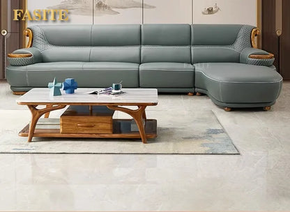 Modern simple ebony leather sofa new Chinese living room size apartment solid wood first layer cowhide new combination
