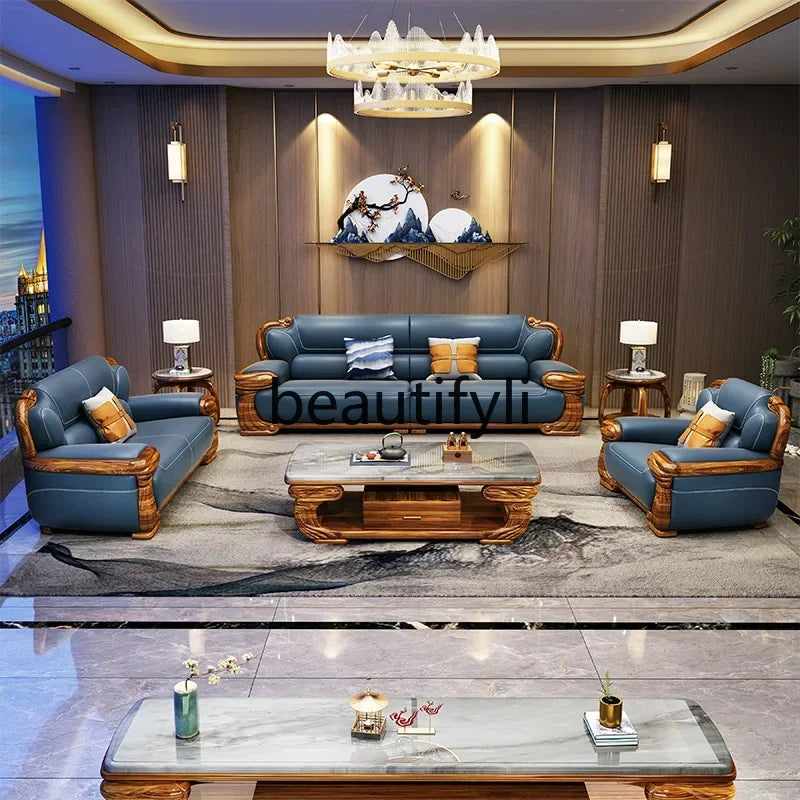 B178 A Imported ebony wood carving flower sofa villa new Chinese modern simple first layer leather sofa