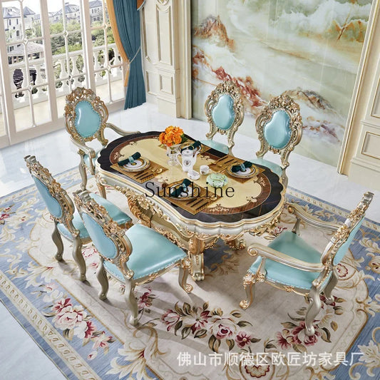 Solid wood dining table and chair combination size household, European style, carved