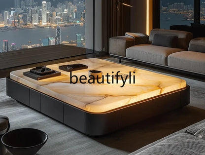 Square luxury stone leather luminous jade coffee table large flat-floor villa living room modern marble