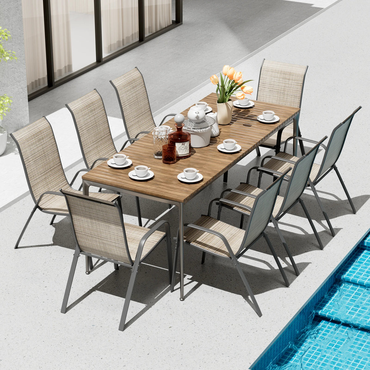 Patio Chairs Set of 8, Stackable Textilene Outdoor Dining Furniture for All Weather, with 20″ Wide Seat & Metal Frame for Garden