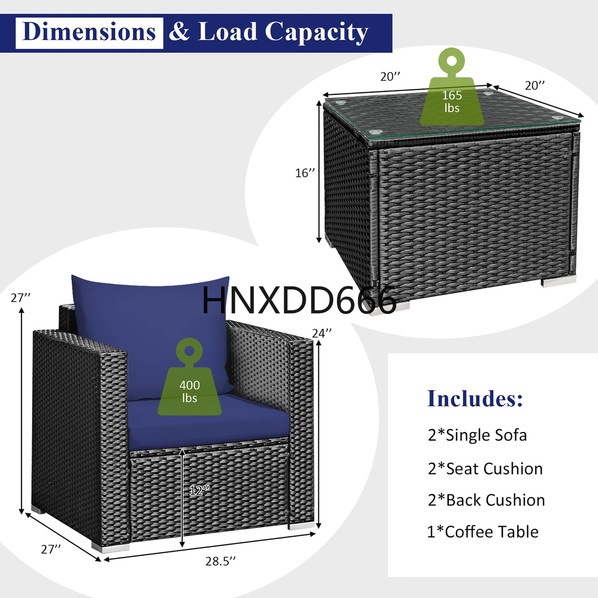 3PCS Patio Rattan Wicker Furniture Set Sofa Table W/Cushion Yard Navy