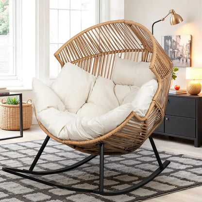 TIFICY Rattan Rocking Egg Chair with Cushion, Oversized Patio Lounge Rocker for Outdoor, Indoor, Balcony, Backyard, Garden, Beig
