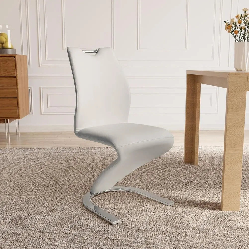 Pair of Modern White PU Leather Upholstered Dining Chairs with Metal Legs for Kitchen or Dining Room