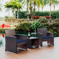 3-Piece Wicker Patio Furniture Set with Table and 2 Chairs, Waterproof Outdoor Seating in Brown/Navy