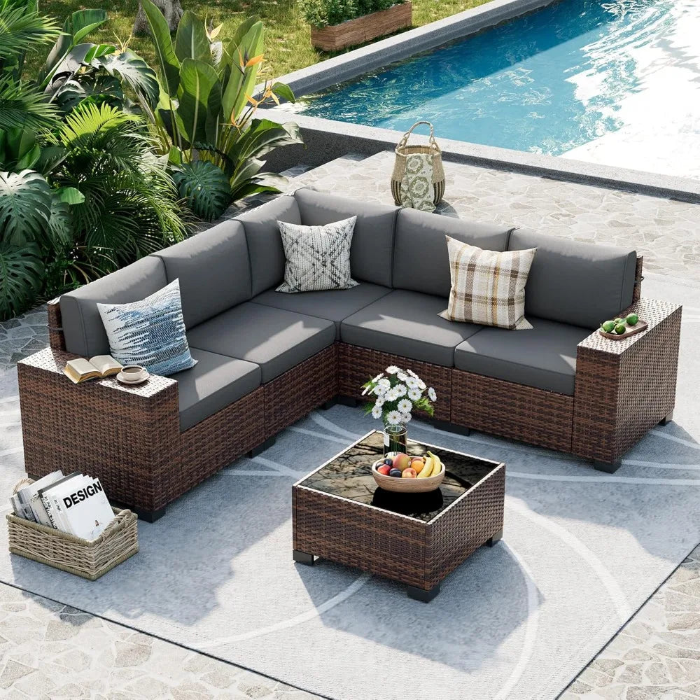 8 Inch Armrest Outdoor Sectional Sofa, 6 Piece Wicker Outdoor Furniture Conversation Sets with Waterproof Cover