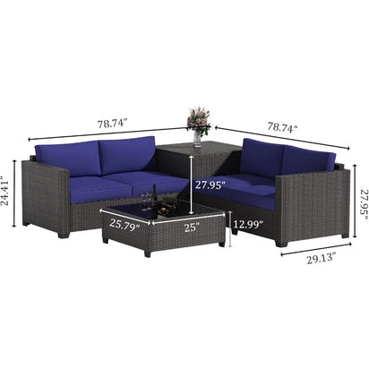 6 Piece Wicker Patio Furniture Set, Sectional Sofa with Glass Coffee Table & Large Storage Box, Loveseat Couch, Outdoor