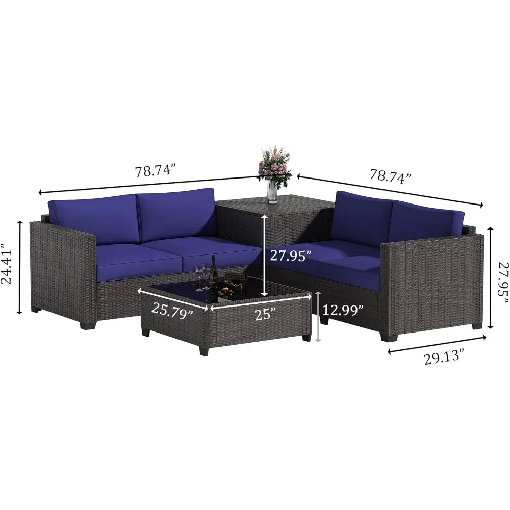 6 Piece Wicker Patio Furniture Set, Sectional Sofa with Glass Coffee Table & Large Storage Box, Loveseat Couch, Outdoor