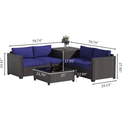 6 Piece Wicker Patio Furniture Set, Sectional Sofa with Glass Coffee Table & Large Storage Box, Loveseat Couch, Outdoor