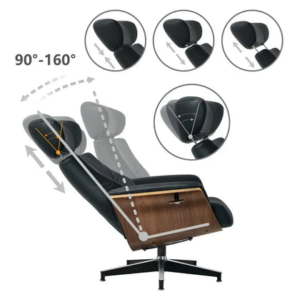 Modern Reclining Swivel Lounge Chair, With Walnut Black Genuine Leather, Ottoman Included