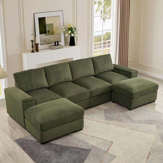 U-Shaped Cloud Couches for Living Room,122" Modular Sectional Cloud Sofas with Deep Seat Removable Ottomans,Modern Corduroy