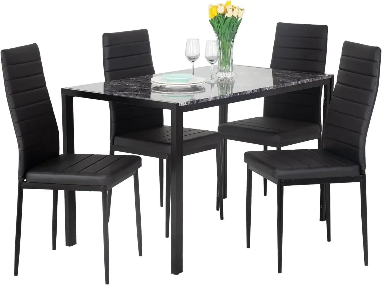 Dining Table and Chairs Set,Modern Rectangular Marble Table top with 4 Chairs PU Leather for Dining Room