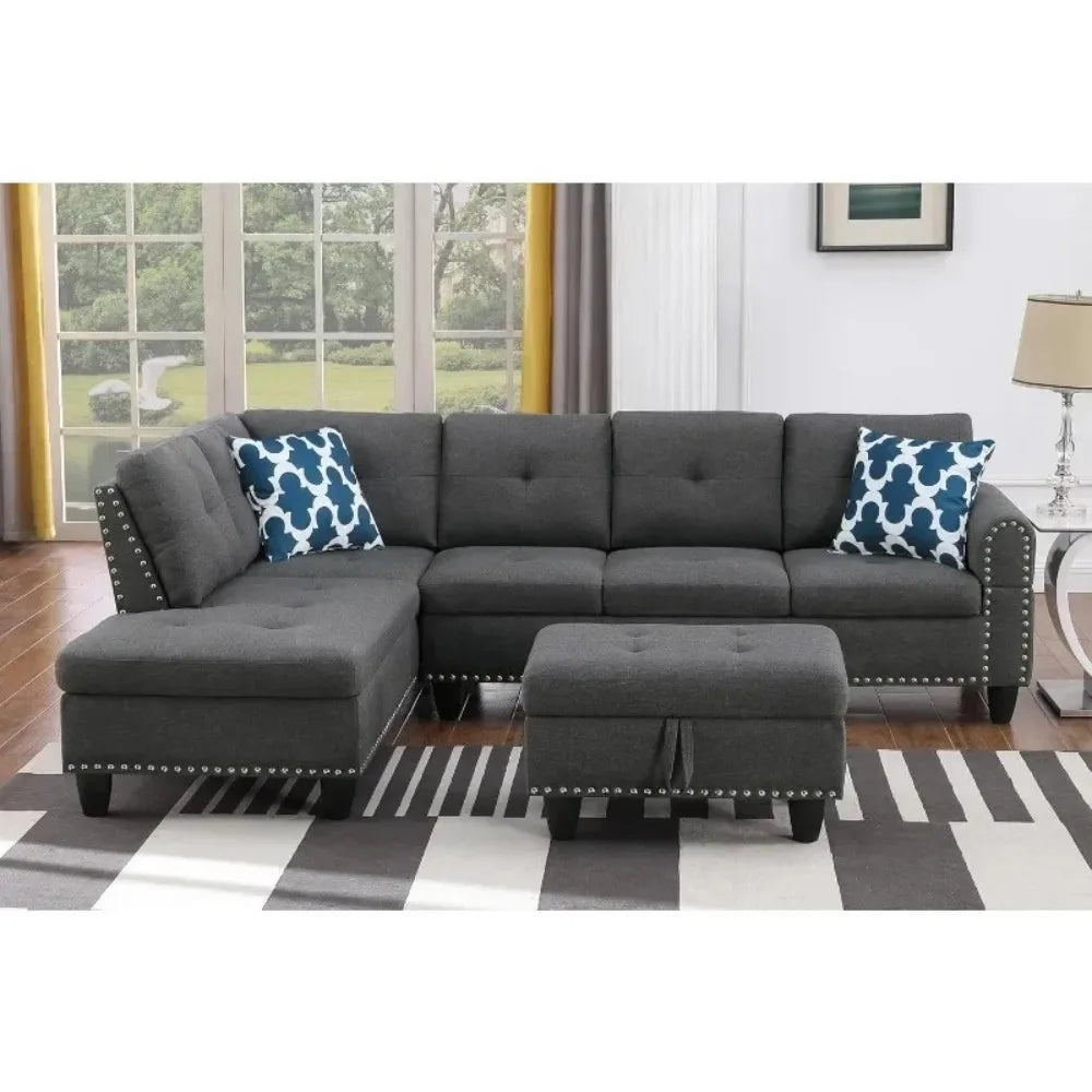 4 Seat Linen Upholstered Sectional Sofa Set 3 PCS W/Cup Holders & Coffee Table,for Home,Office,Dark Gray