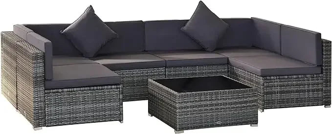 7-Piece Patio Furniture Set, Outdoor Wicker Conversation Set, All Weather PE Rattan Sectional Sofa Set with Glass Table, Pillows