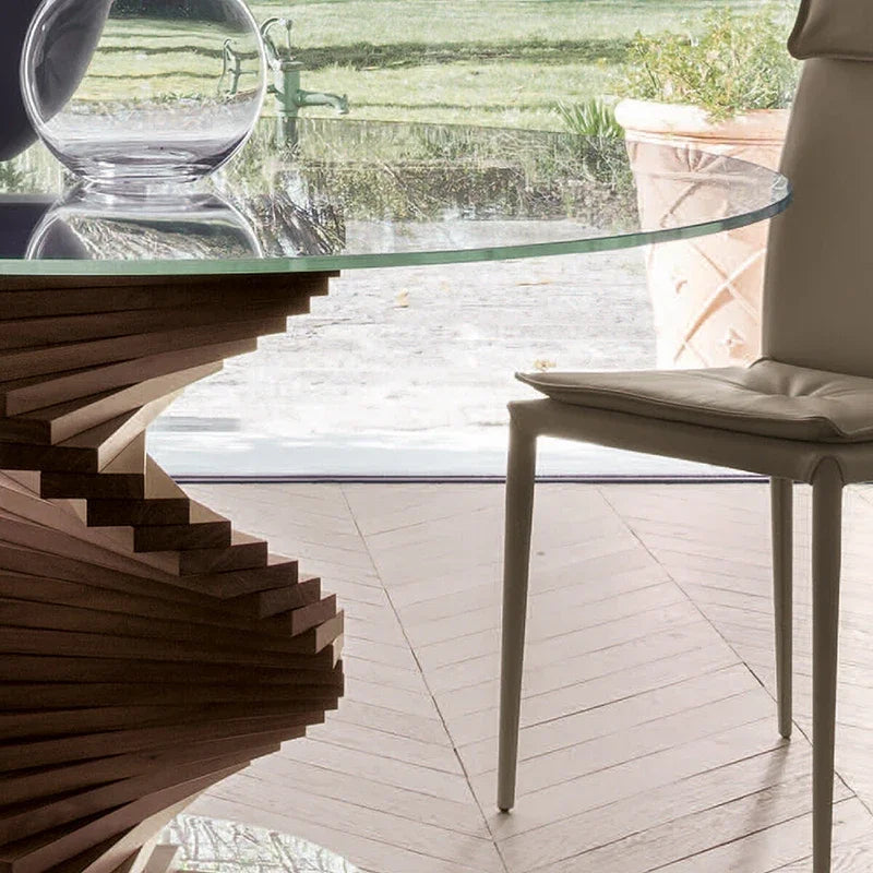 cc182l Italian minimalist curved design tempered glass round table solid wood special-shaped creative rotating ladder dining tab