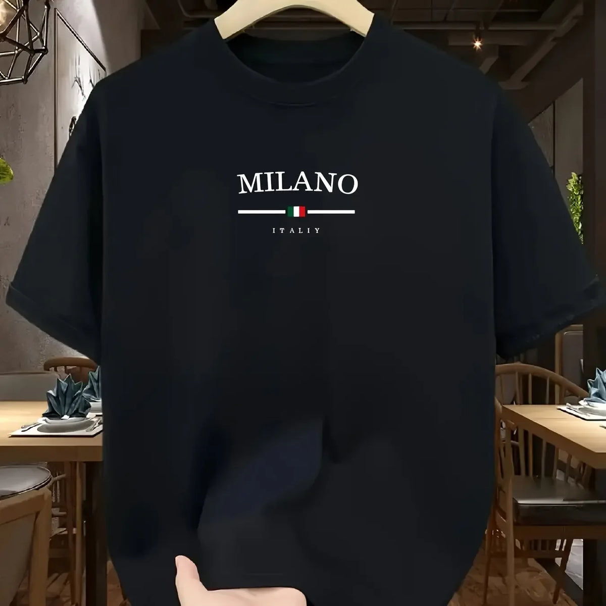 Men's 100% Pure Cotton Fashionable Casual Loose Italian Style Milan Letter Printed Round Neck Short Sleeved T-shirt Tops Tees