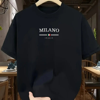Men's 100% Pure Cotton Fashionable Casual Loose Italian Style Milan Letter Printed Round Neck Short Sleeved T-shirt Tops Tees