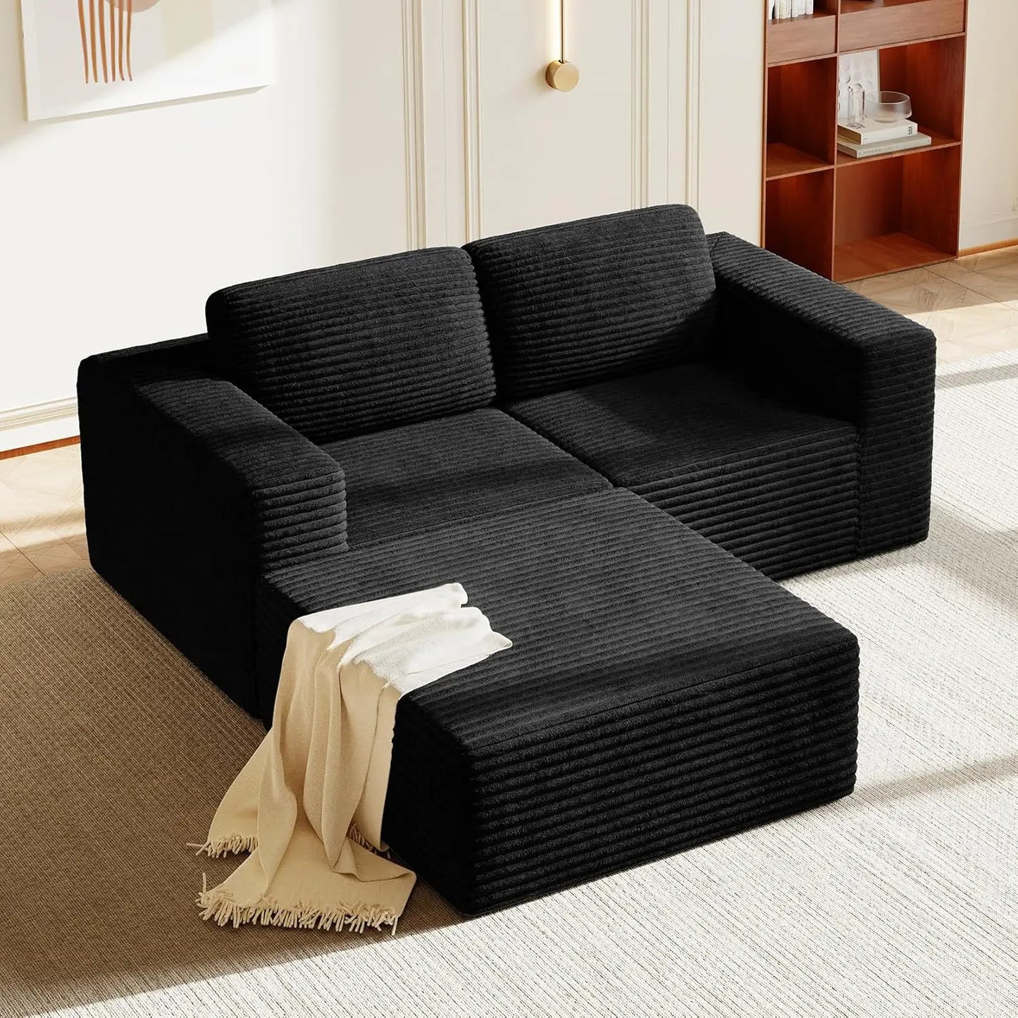 97" L-Shape Modular Sofa, 3-Seat Corduroy Couch with Movable Ottoman, Sectional Sofa for Living Room, Green, Customized