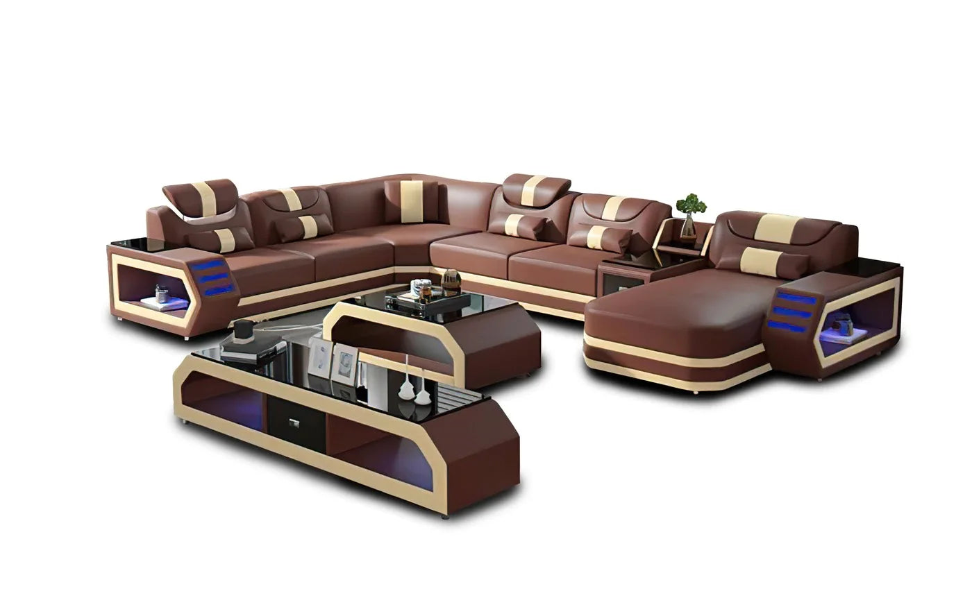 High Quality Luxury Design Leather Sectional Sofa Set with LED Light Genuine Leather Black Wholesale Living Room Furniture
