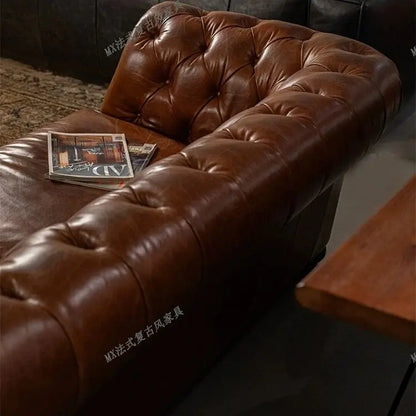 French vintage style button-tufted sofa, classic American cigar bar Burton sofa, mid-century whiskey straight-line sofa