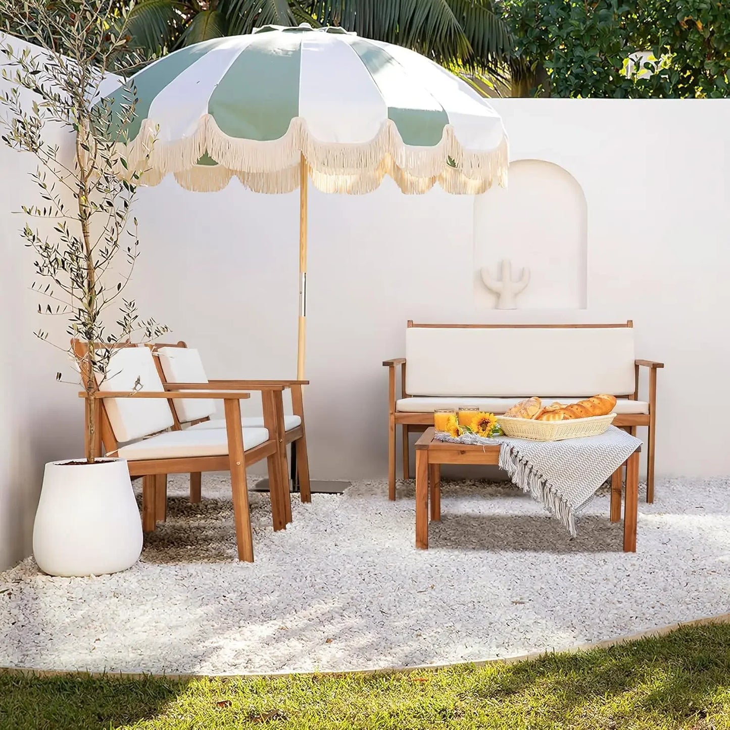 NEW-Patio Furniture 4 Piece Acacia Wood Outdoor Conversation Sofa Set with Table & Cushions Porch Chairs for Garden, Deck, Natur