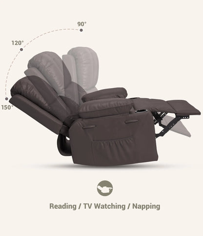 Oversized Recliner Chair With Massage and Heat Function, Adults Leather Single Sofa With Cup Holder For Living Room, Bedroom