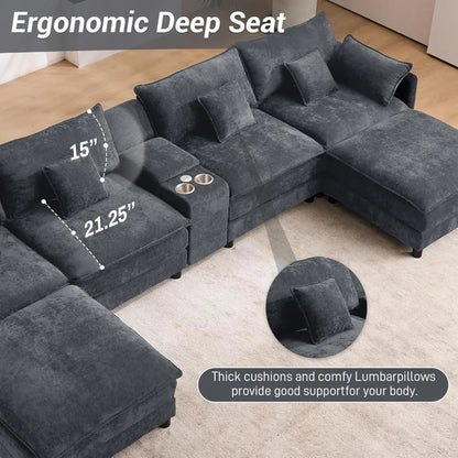 145" Oversized Modular Sectional Sofa U Shaped Cloud Couch 6 Seat Sofa Set for Living Room Comfy Fluffy Chenille Deep Seat