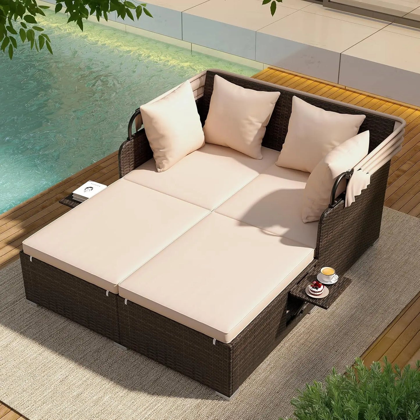 Outdoor Daybed, 2-Person Wicker Patio Sofa with Retractable Canopy, Cushions & Pillows, 2 Side Trays, PE Rattan Double, Custom