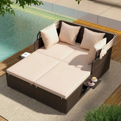 Outdoor Daybed, 2-Person Wicker Patio Sofa with Retractable Canopy, Cushions & Pillows, 2 Side Trays, PE Rattan Double, Custom