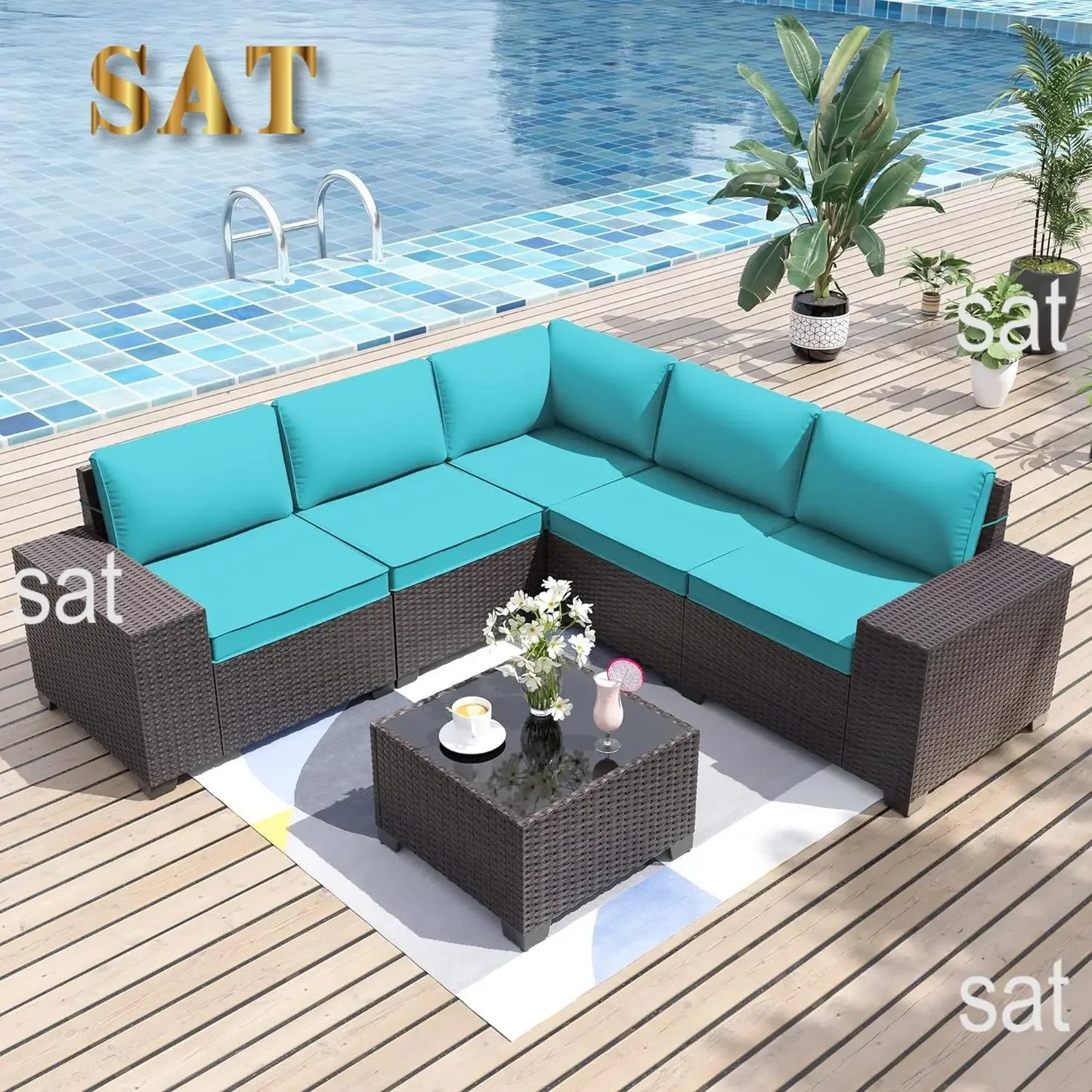 A Sectional Sofa Outdoor Furniture All Weather Brown PE Rattan Patio Conversation w/5 Seat Cushions