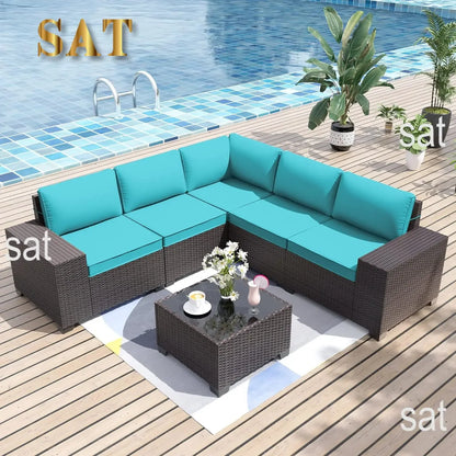 A Sectional Sofa Outdoor Furniture All Weather Brown PE Rattan Patio Conversation w/5 Seat Cushions