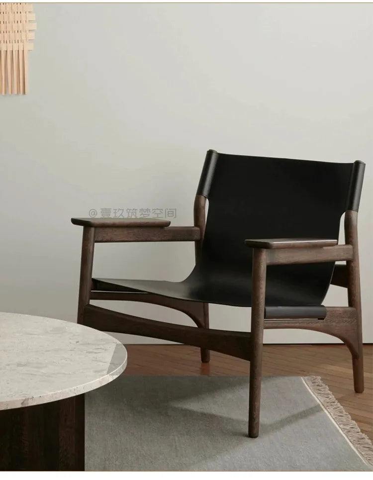 TQQ single solid wood leisure sofa chair living room saddle leather backrest balcony modern small apartment