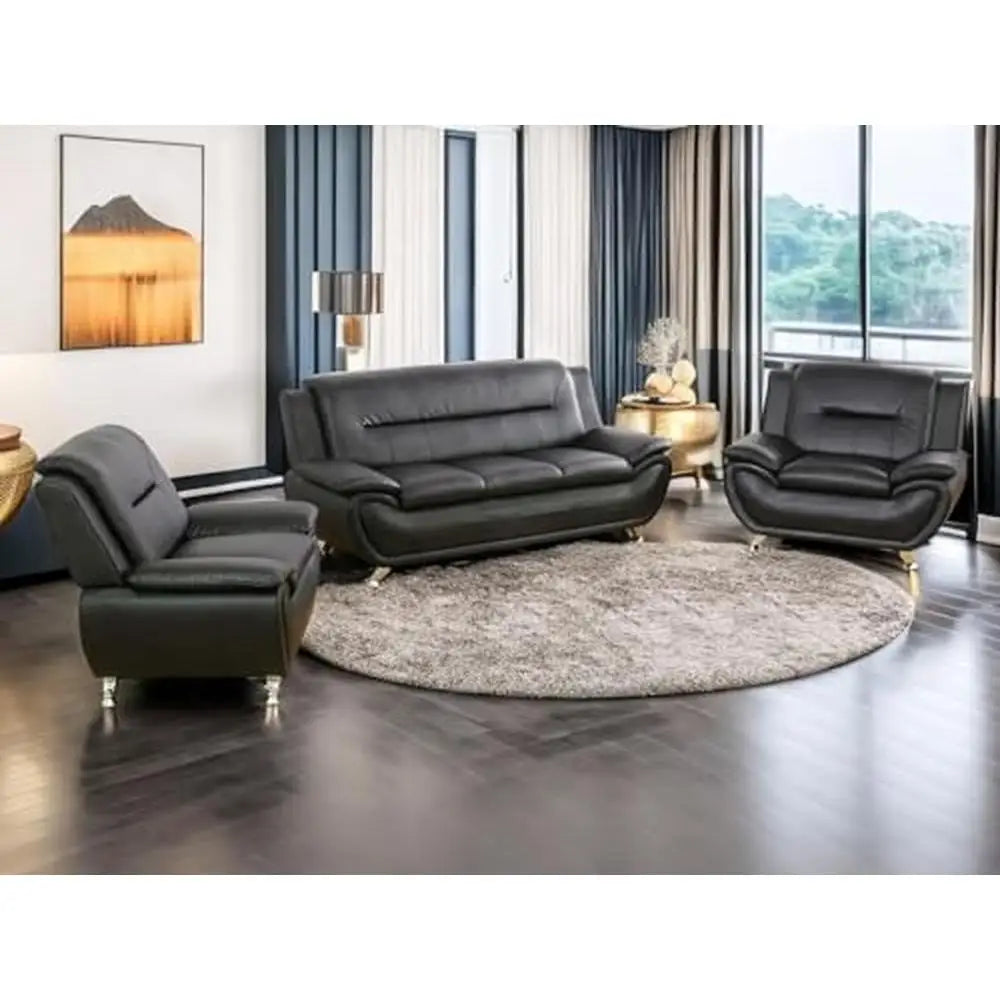 Contemporary Faux Leather Sofa Set Living Room Furniture Full Set Black-B 3PCS)