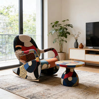 tyModern Patchwork Fabric Rocking Chair With Footrest Upholstered Accent Lounge Armchair for Living Room Bedroom Furniture@