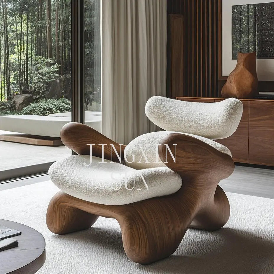 Wind solid wood art soft decoration creative special-shaped single leisure chair designer sofa chair balcony lazy chair