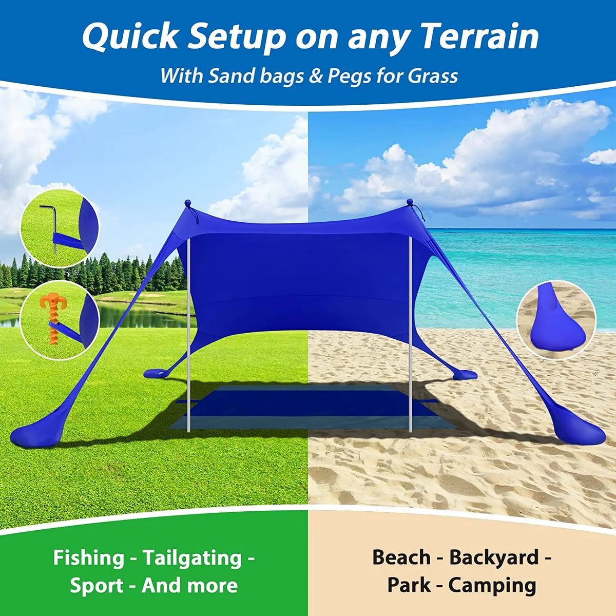 Family Beach Sunshade 2M*2.1M Large Area Lightweight Sun Shade Tent With Sandbag UPF50+ UV Large Portable Beach Canopy