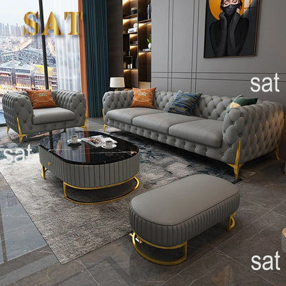 leather sofa setLight luxury sofa combination high-end living room furniture  Italian stainless steel modern art