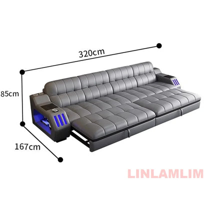 Modern Sectional Sofa Bed with LED Light, Electric Recliner and Massage | Living Room Genuine Leather Couch with Cup Holder, USB