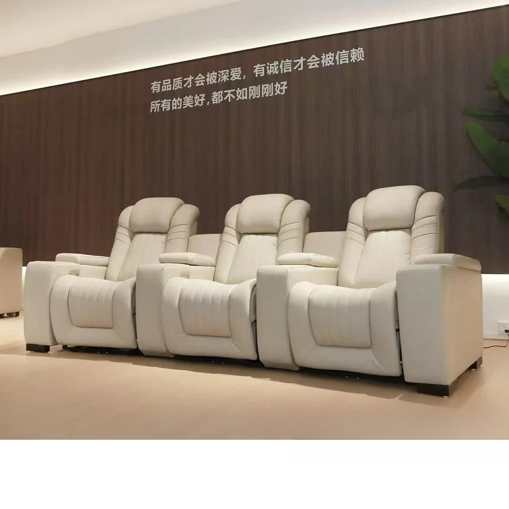 Genuine Leather Sofa Chair for Home Theater, Modern Electric Power Reclining Seat with Footrest and Cup Holders