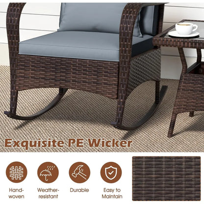 3 Pieces Patio Furniture Set, Outdoor Wicker Rocking Chairs with Cushions, Pillows, Glass Coffee Table, Rattan Bistro Rocker Se