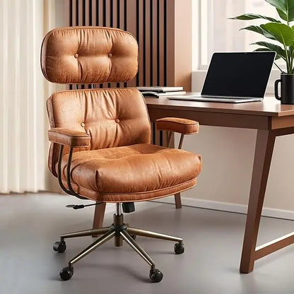 Ergonomic Home Office Chair, Mid-Century Modern Faux Leather Chairs with Thickened Cushions, Comfy High Back Swivel