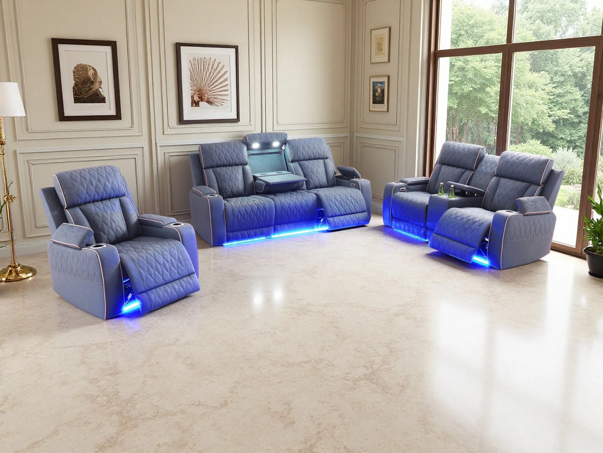 3PCS Power Recliner Sofa with Drop-Down Table Cup Holder, Beige Breathing Leather Power Reclining Sofa Set with Storage Console