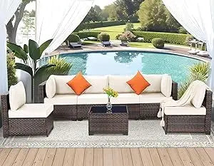 outdoor patio furniture set: 7-piece wicker modular conversation sectional sofa with cushions and coffee table