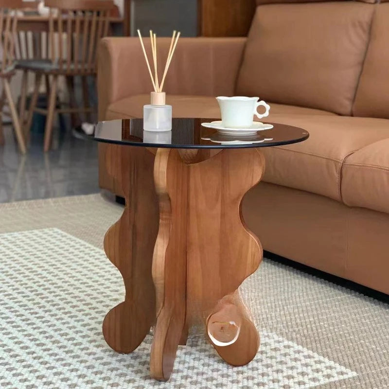 Table basse ondulée en bois massif, pétale rétro français, table créative en verre trempé, petite table ronde