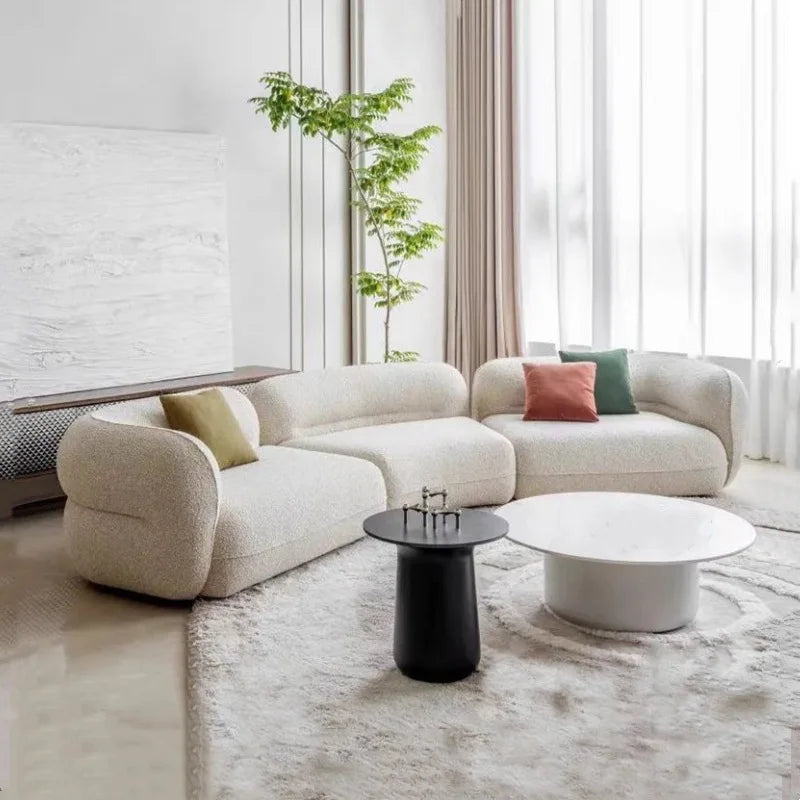 Cream style sofa, simple curved corner combination lamb wool sofa