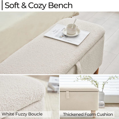 39.5" Boucle Storage Ottoman Bench for Bedroom end of Bed, Sherpa Upholstered Shoe Seat Storage Beach for Entryway, Off White