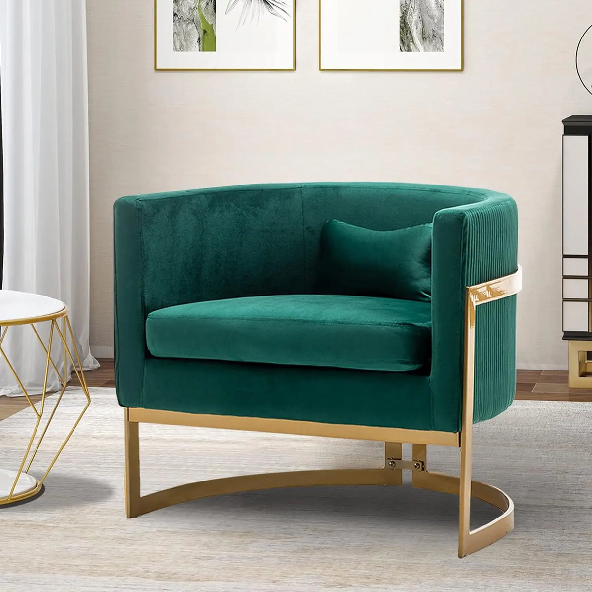 Velvet Upholstered Accent Chair with Gold Frame, Modern Barrel Armchair for Bedroom, Living Room, or Vanity Corner